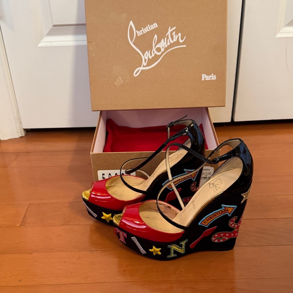 Christian Louboutin Black and Red Wedge Sandals